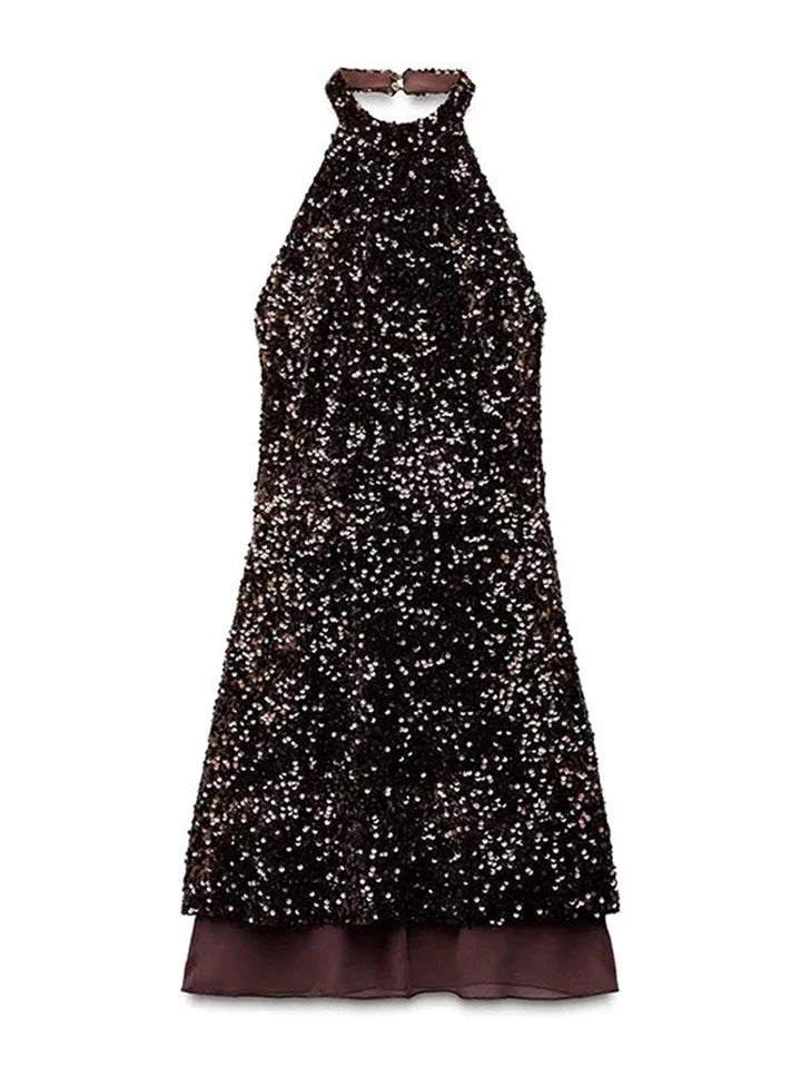 Halterneck Sequins Short Backless Dress