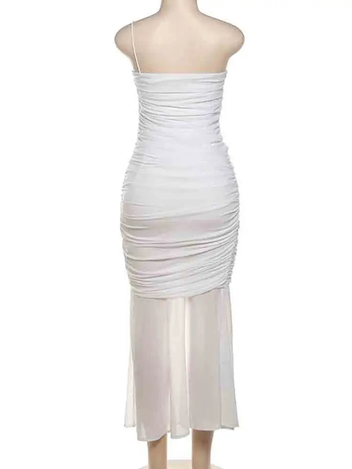 White Mesh Spaghetti Strap Fishtail Slit Dress