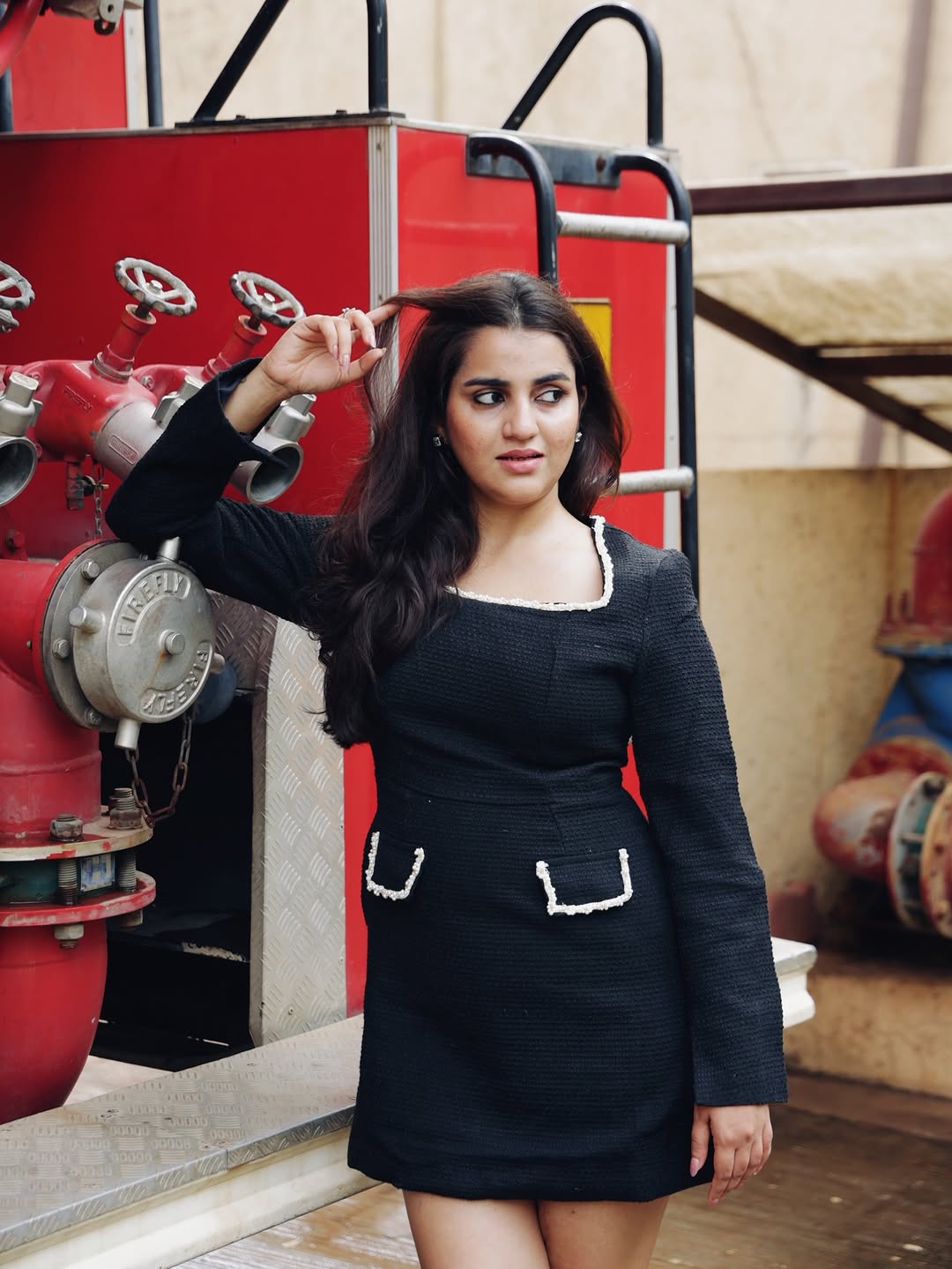 Tweed Full Sleeves Beaded Short Dress