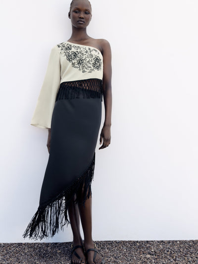 One Shoulder Embroidered Tassel Top & Tassel Skirt