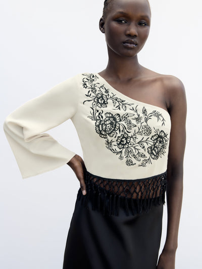 One Shoulder Embroidered Tassel Top & Tassel Skirt