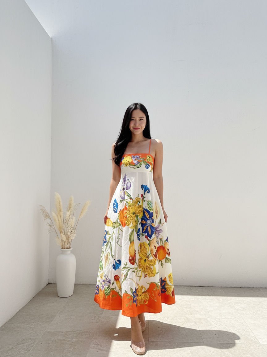 Sundress Flower Print Midi Dress Ivory