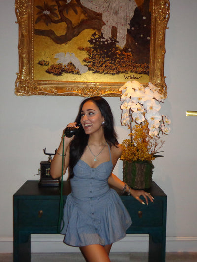 Striped Halterneck Grey Backless Flare Dress