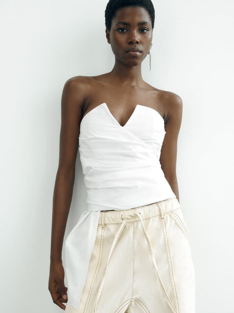 Asymmetric White V Neck Tube Top