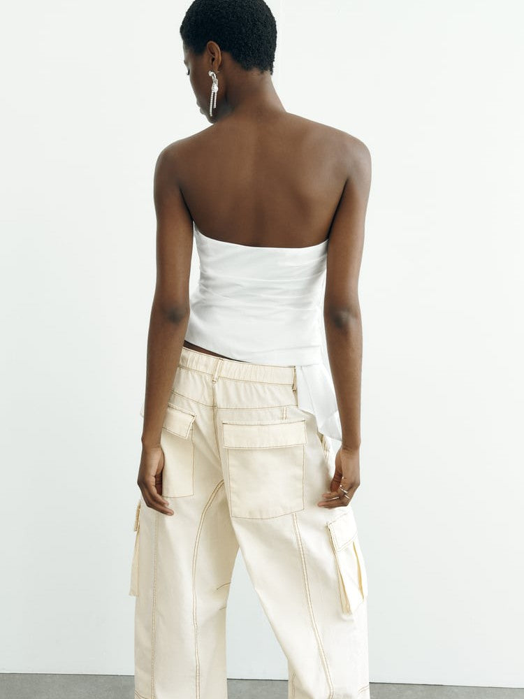 Asymmetric White V Neck Tube Top