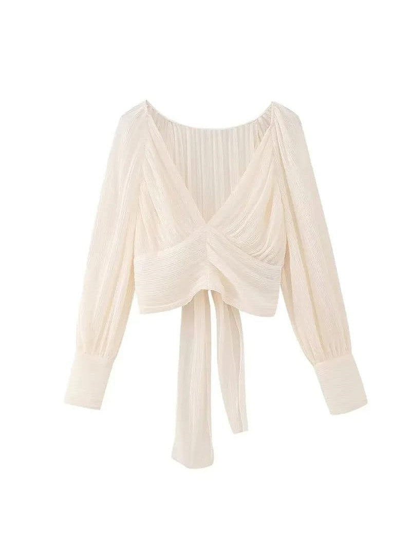 Off White Pleated Knotted Top