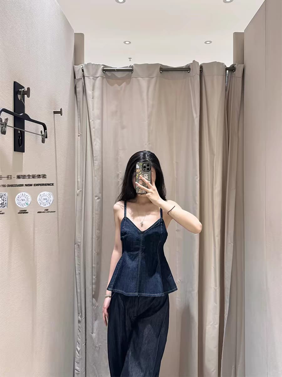 Indigo Sculpt Denim Cami Top; denim tank with spaghetti straps and peplum hem