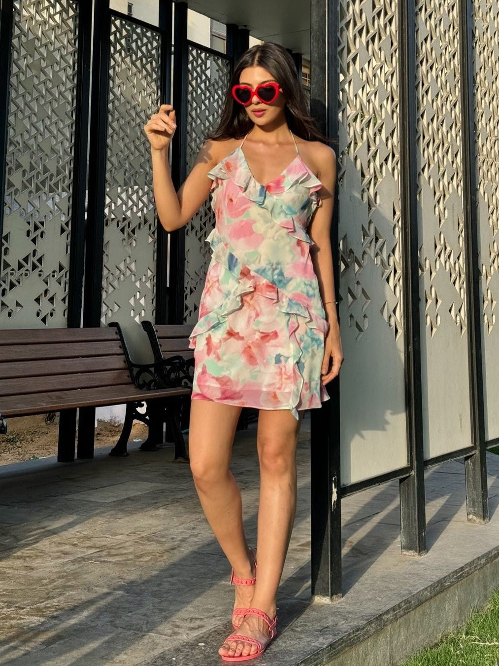 Tie Dye Print Floral Short Ruffle Dress