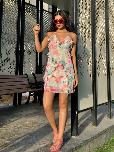 Tie Dye Print Floral Short Ruffle Dress