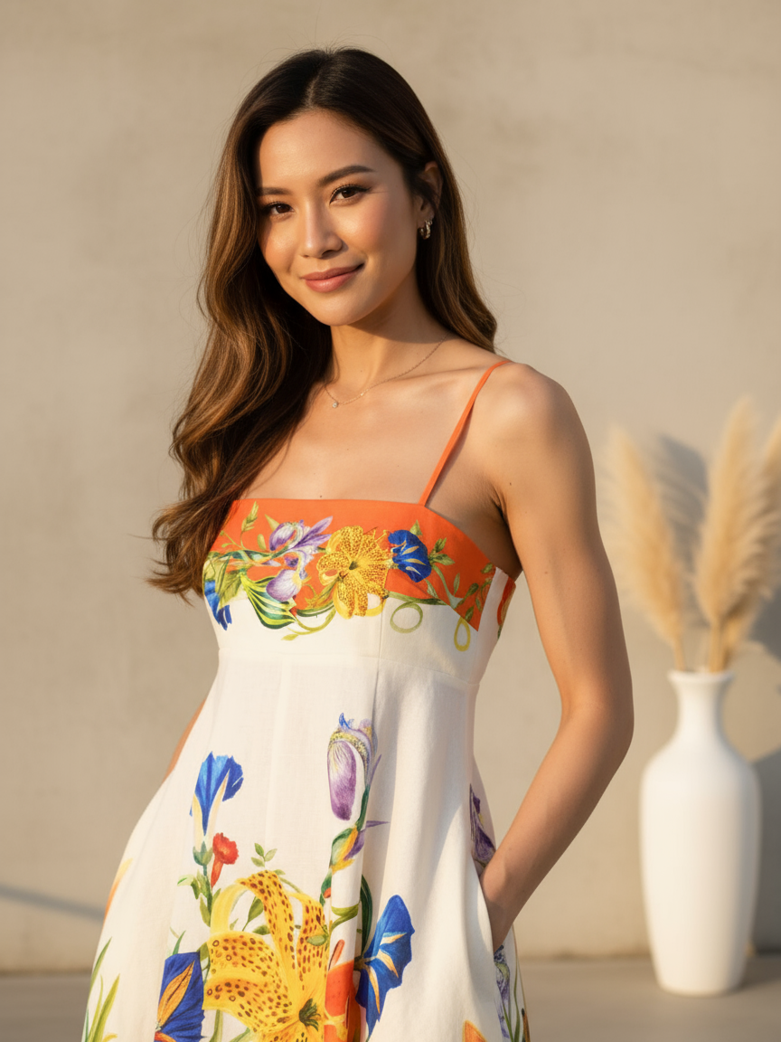 Vintage Print Sundress Midi Dress Ivory