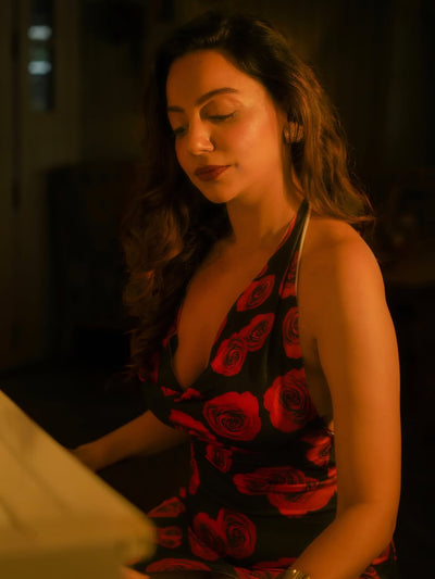 Rose Print Halterneck Backless Slit Maxi Dress