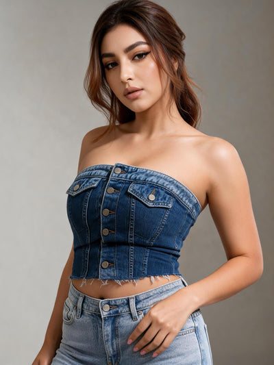 EXCLUSIVES blue denim corset tube top; strapless with front button details and frayed hem.