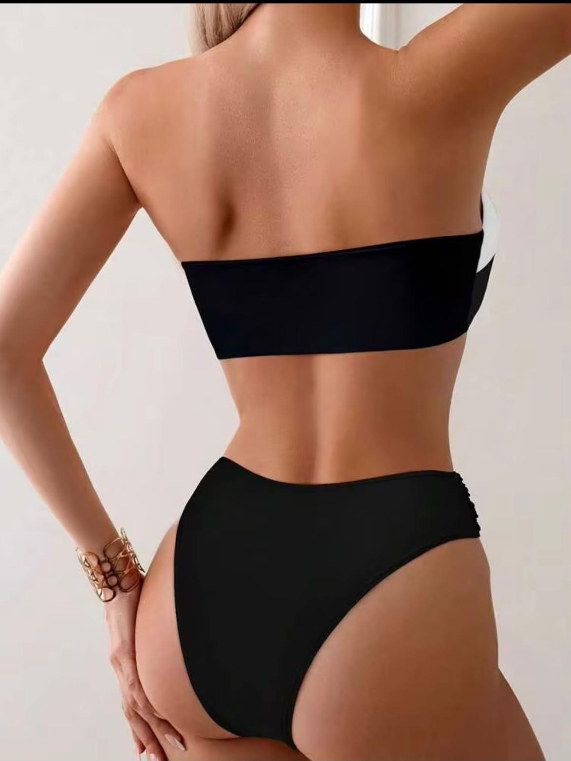 Monochrome Muse Twist Bikini Swimsuit Set, black bandeau top with high-waisted bottoms