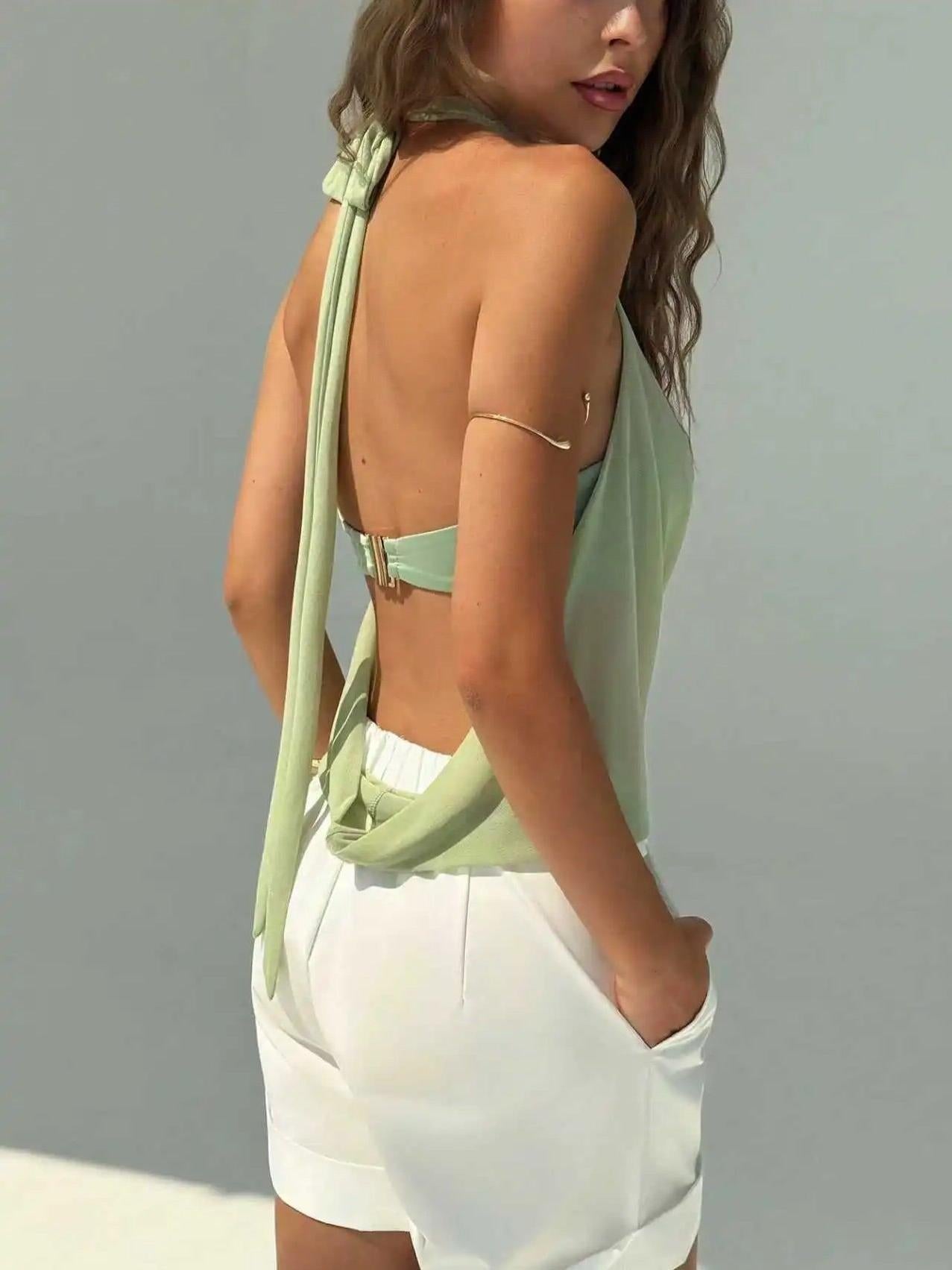 Halo Ring Draped Halter Top by Exclusives, pale green backless halter with neck tie