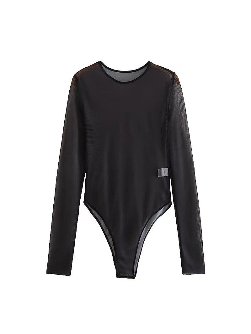 Black long-sleeve mesh tulle bodysuit with opaque front, sheer sleeves, and high-cut legs; small side tag.