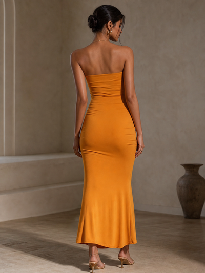 Exclusives sheath tube-top pleated orange satin evening dress on sale
