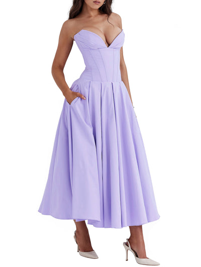 Tube Corset Pleated Flare Midi Dress