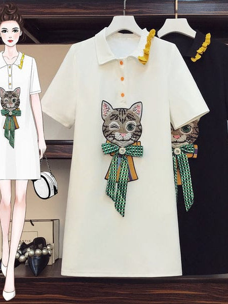 Polo Neck Cat Print T Shirt Dress