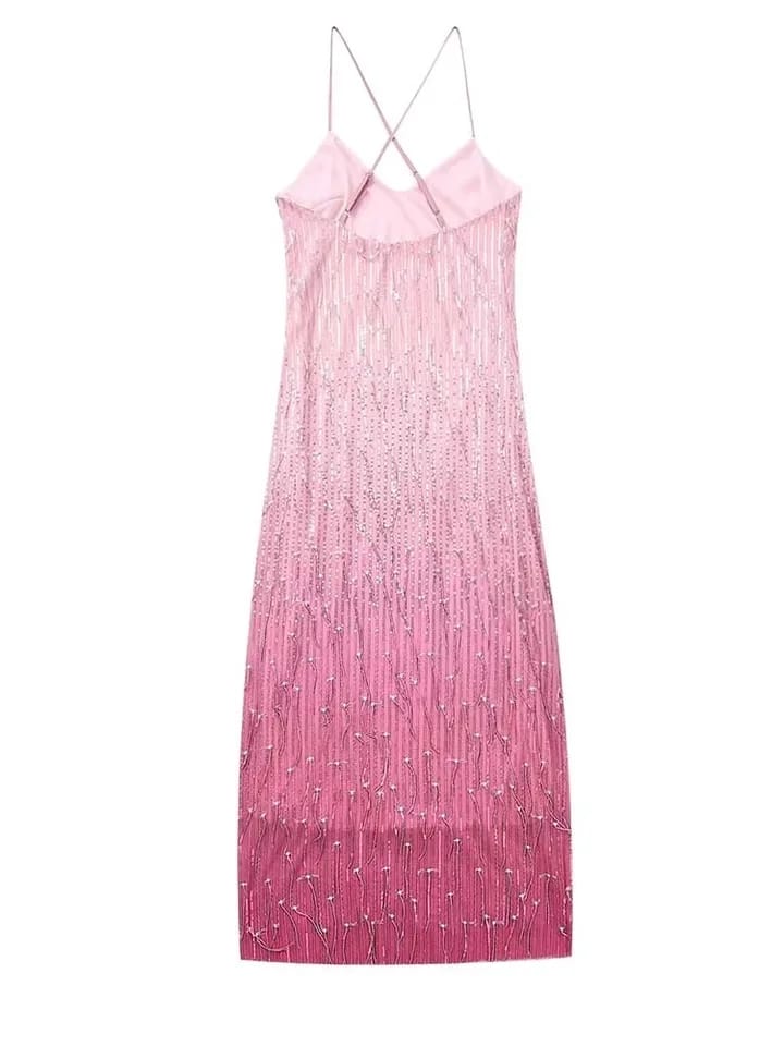 Pink Tie Dye Sequins Tassel Dress