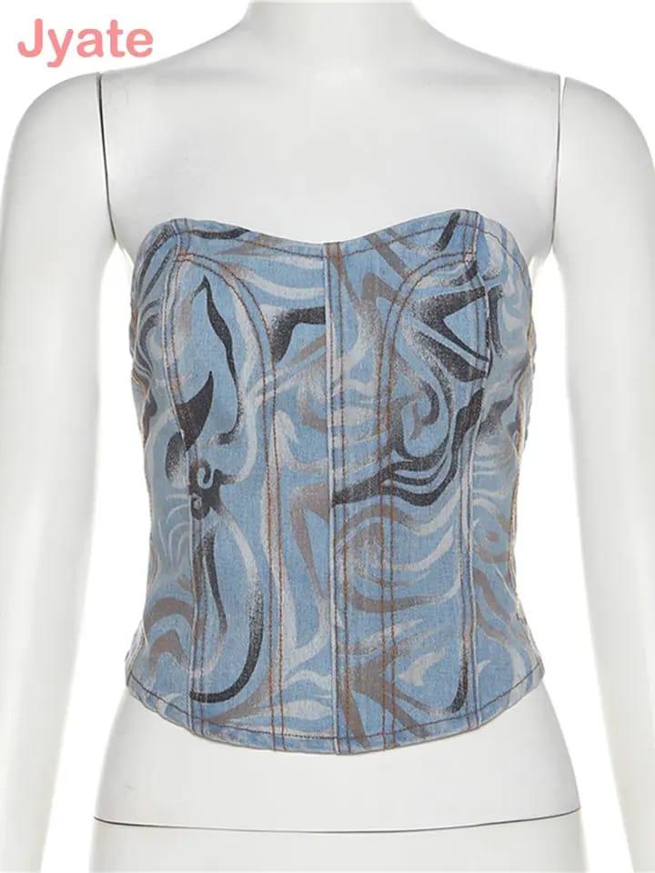 Jyate Denim Corset Top & Skorts Set