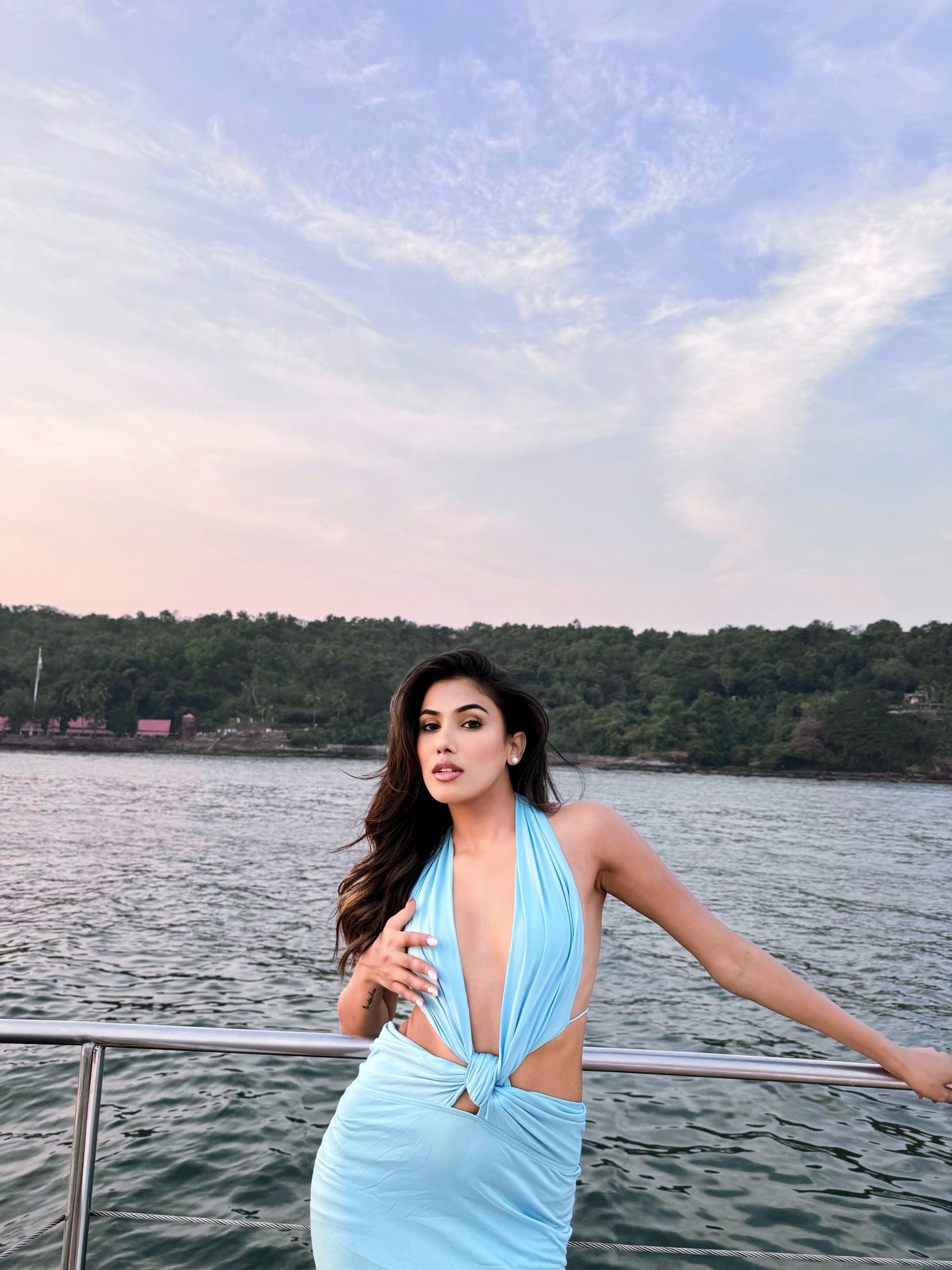 Deep V Plunge Neck Backless Lace Up Halterneck Dress