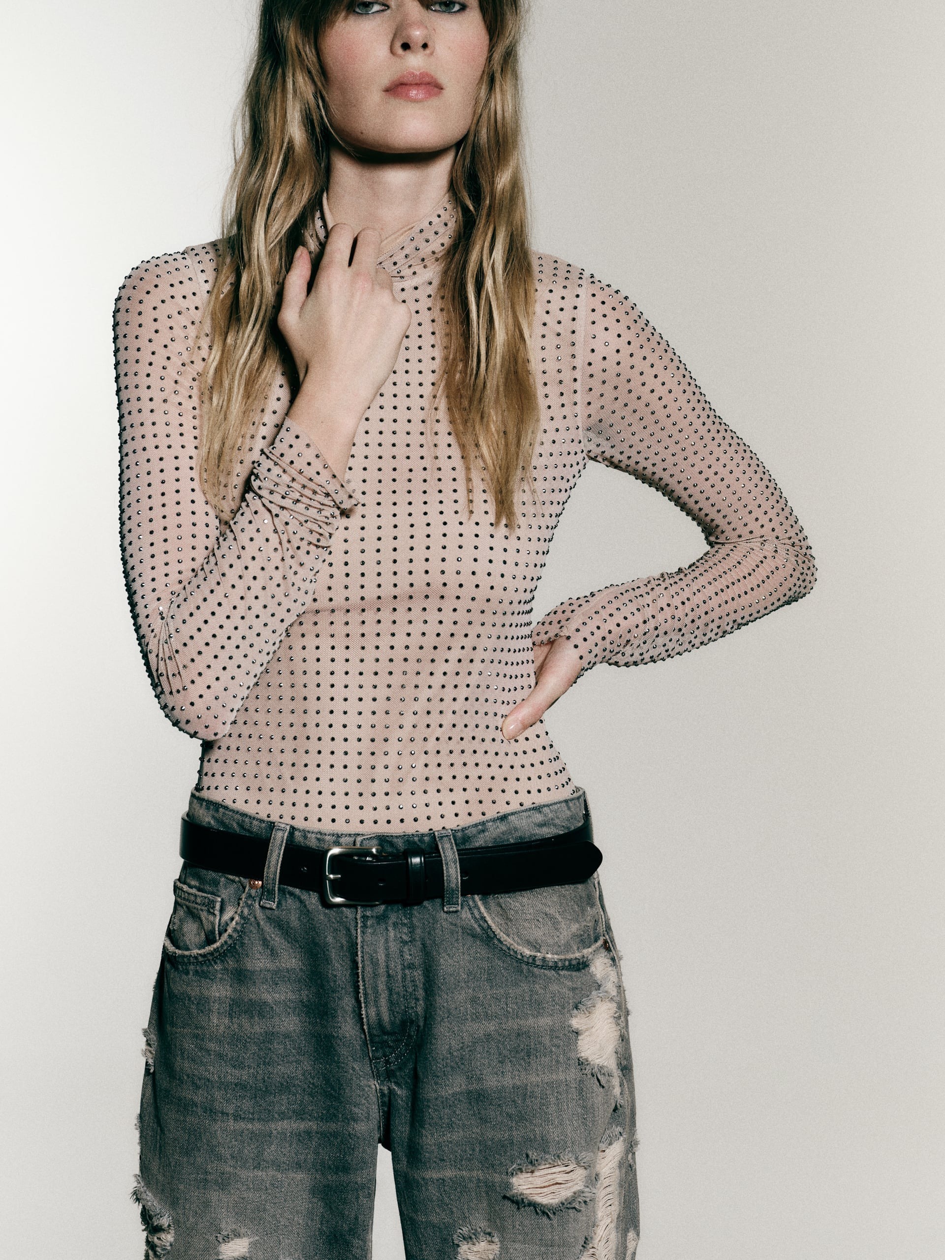 Turtle Neck Mesh Rhinestone Bodysuit