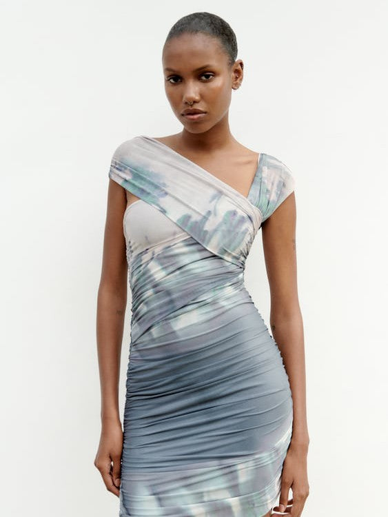 Tie Dye Print Grey Mesh Tulle Dress