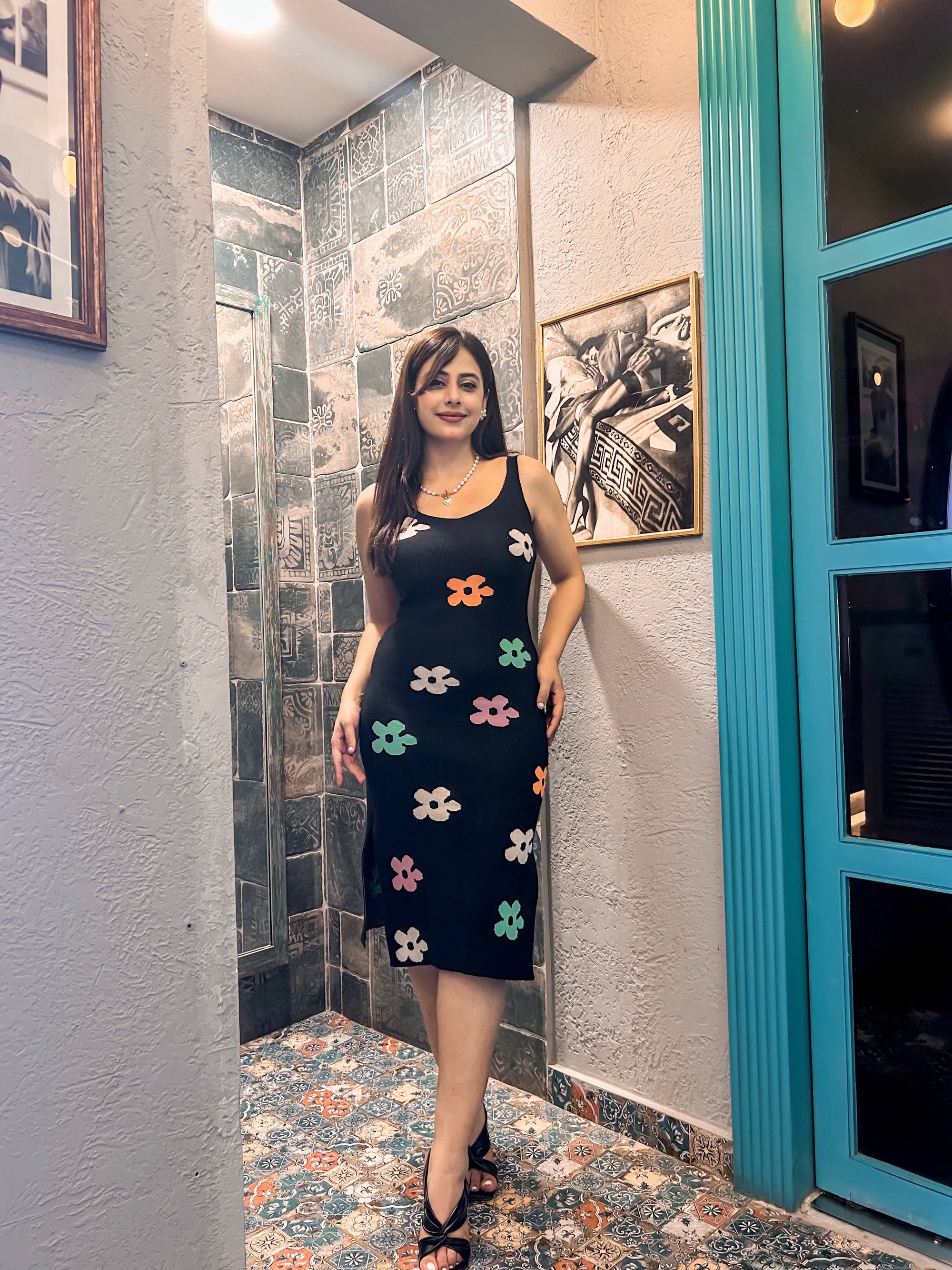 Floral Print Knitted Slit Midi Dress