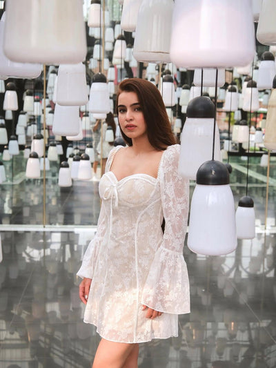 Nesa Lace Boning Corset Bell Sleevees Short Dress