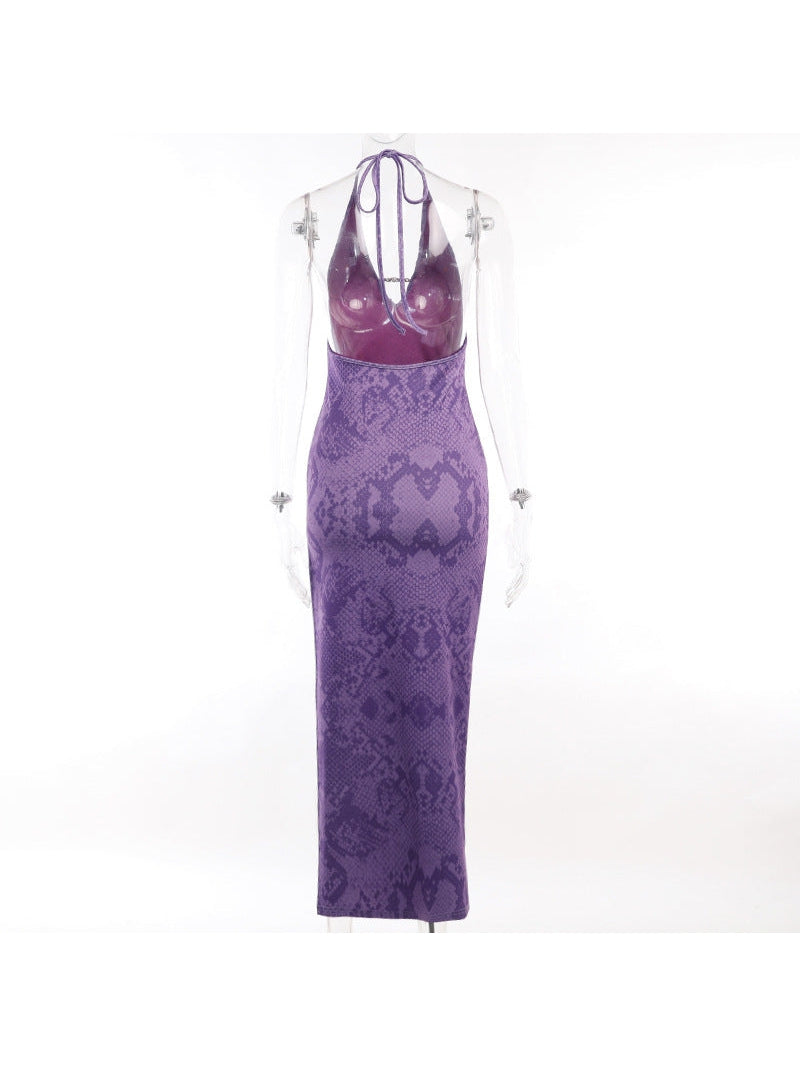 Animal Print Halterneck Backless Split Maxi Dress