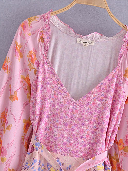 Pink Floral Printed High Waist Dress