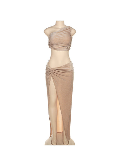 Oblique Shoulder Vest Slim Sheath Split Skirt Set