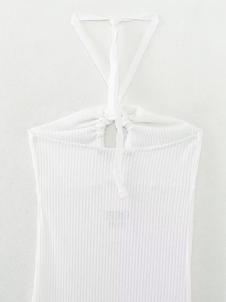 Halterneck Backless White Hollowout Ribbed Dress
