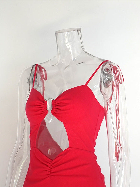 Spaghetti Strap Lace Backless Cutout Frill Dress