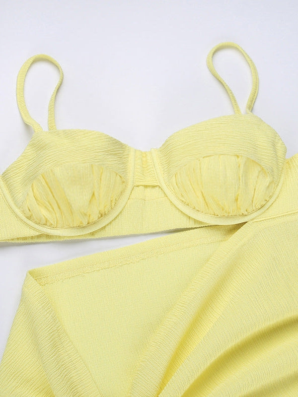 Yellow Spaghetti Strap Drawstring High Split Dress