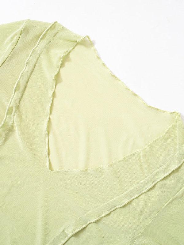 Low Cut Bell Sleeve Lace Long Mesh Dress