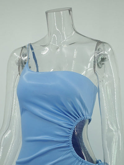 Diamond Strap One Shoulder Asymmetric Lace Up Split Dress