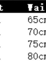 Table showing dress lengths: 65cm, 70cm, 75cm, 80cm with a black header bar.
