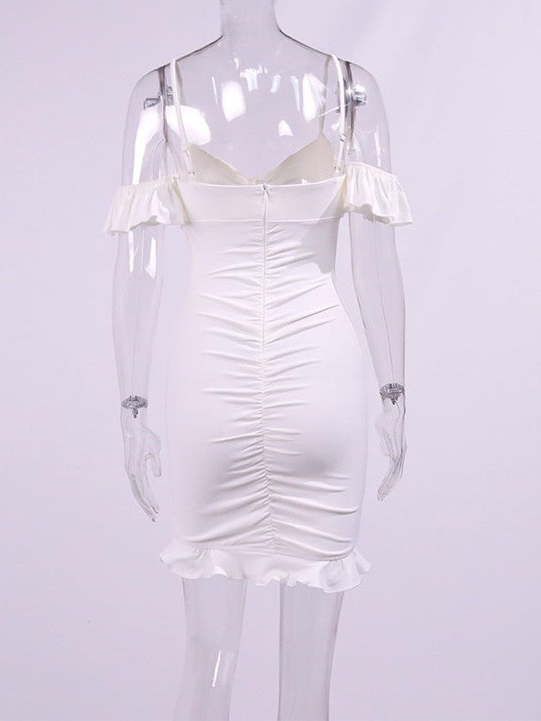 Spaghetti Strap Off Neck Ruffles Pleated Backless Slip Dress