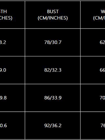Black size chart table with white grid listing XS–L measurements: length, bust, waist, hip (cm/inches).