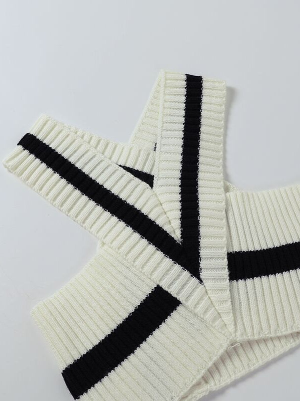V Neck Knitted Vest Striped Halter Crop Top