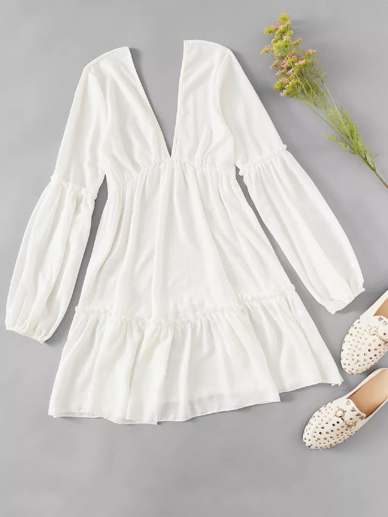 White V Neck Lantern Sleeve Dress