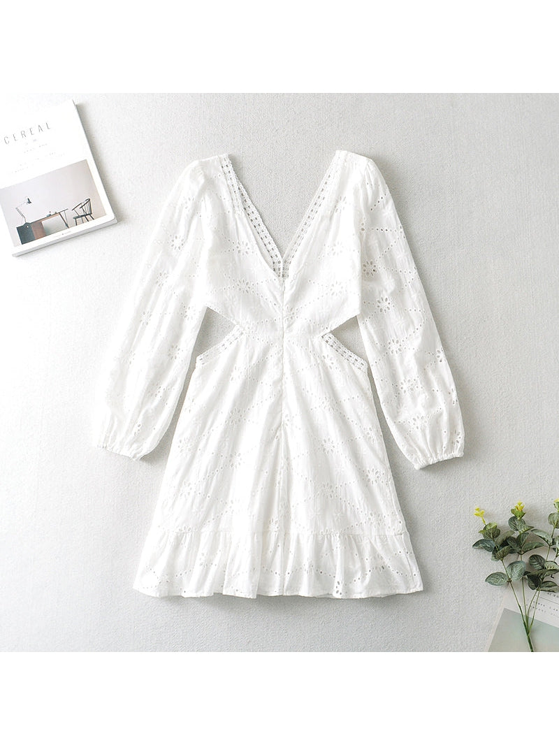 V Neck Eyelet Embroidery Dress