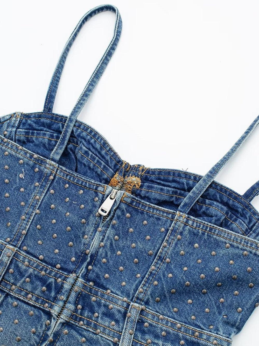 Rivets Studded Denim Corset Dress