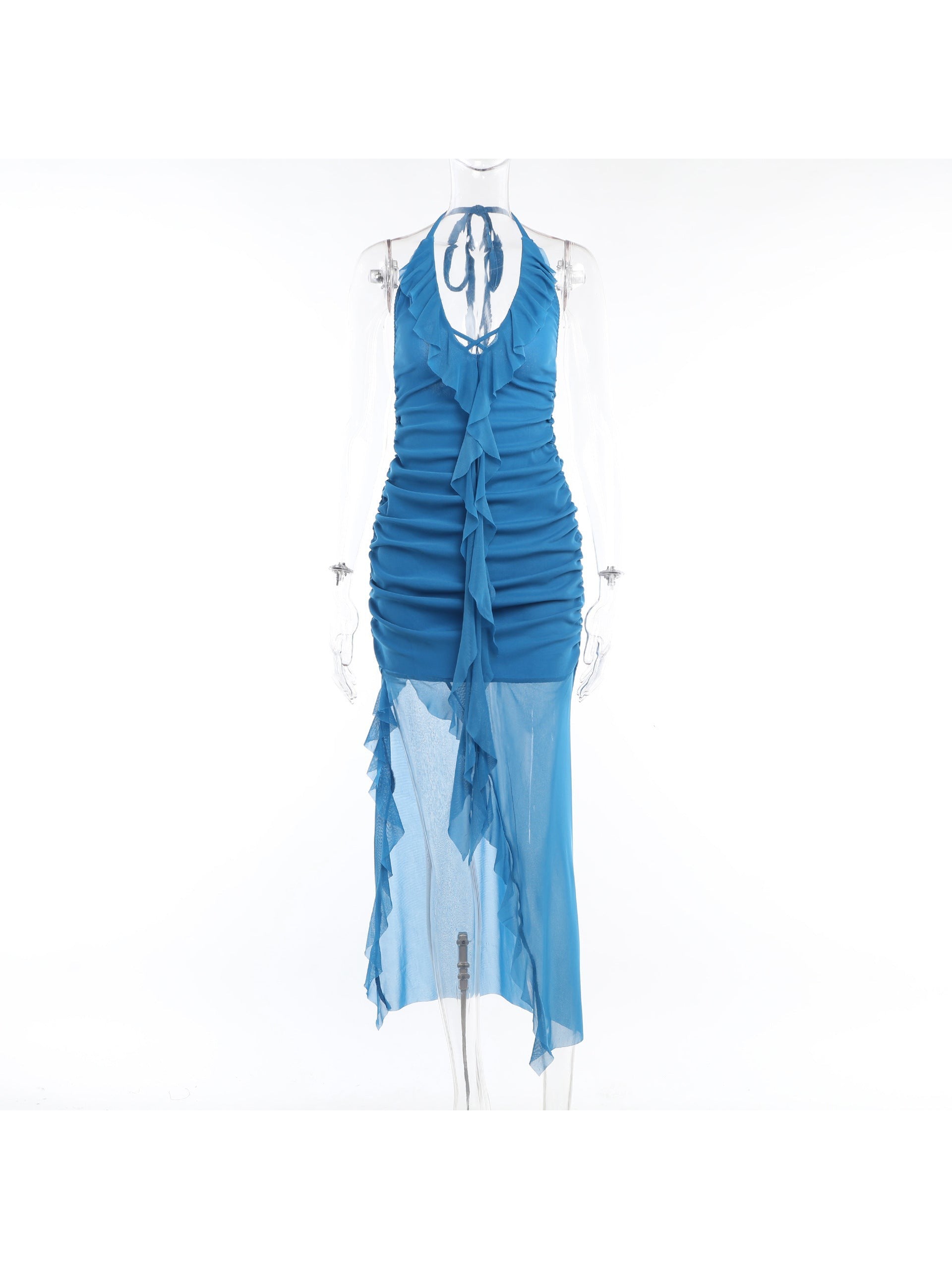 Ruched Deep Halterneck Ruffle Backless High Slit Dress