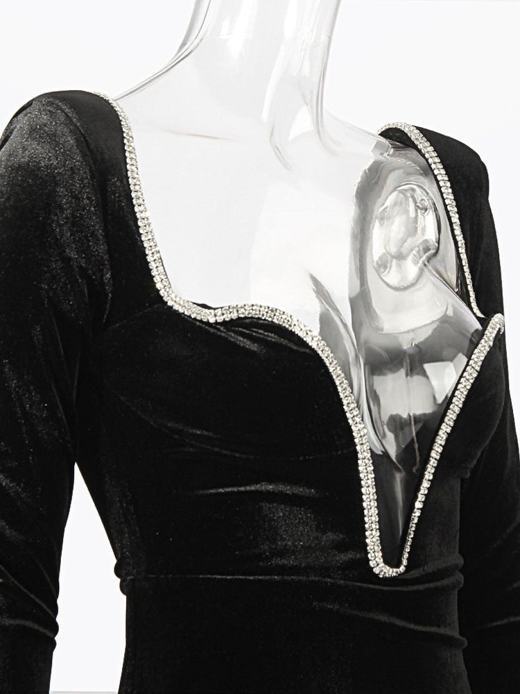 Deep V Neck Plunge Sheath Black Gold Velvet Backless Dress