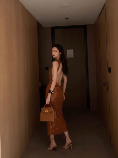 Bronze City Lights Sequin Midi Dress, backless, knee-length, bronze sequined dress by Exclusives.