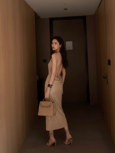 Bronze City Lights Sequin Midi Dress by Exclusives; bronze sequin, backless midi dress