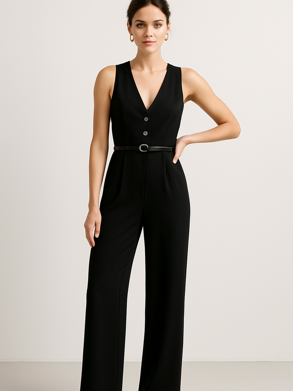 V-Neck Tailored Wide Leg Jumpsuit with Belt