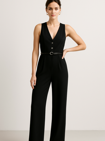 V-Neck Tailored Wide Leg Jumpsuit with Belt